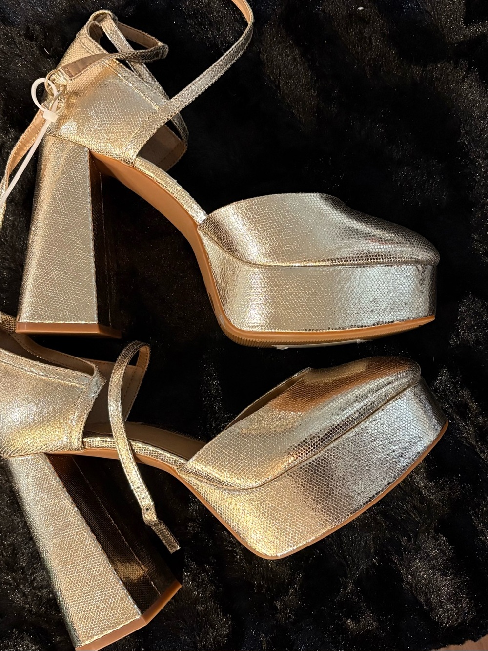 Metallic Gold Platform Block Heel Sandals with Ankle Strap